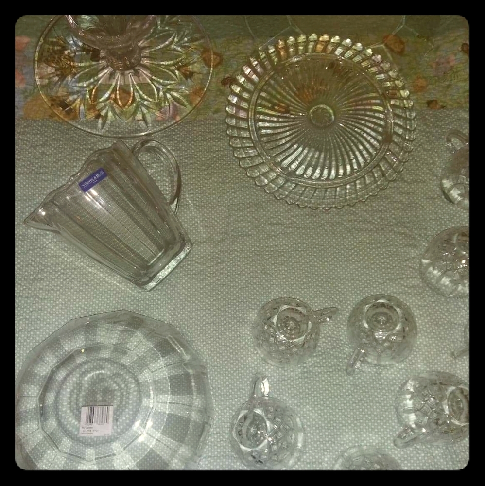 Pitcher,fruit bowl,tea cups,and 2 platters